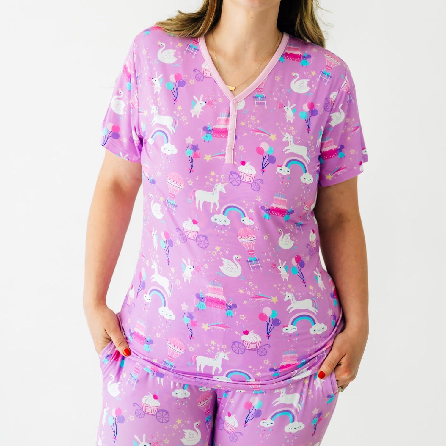 imageLittle Sleepies Womens Pajama Top Viscose Derived from Bamboo Soft Button Up Pajama Top Nursing Friendly Short SleeveMagical Birthday