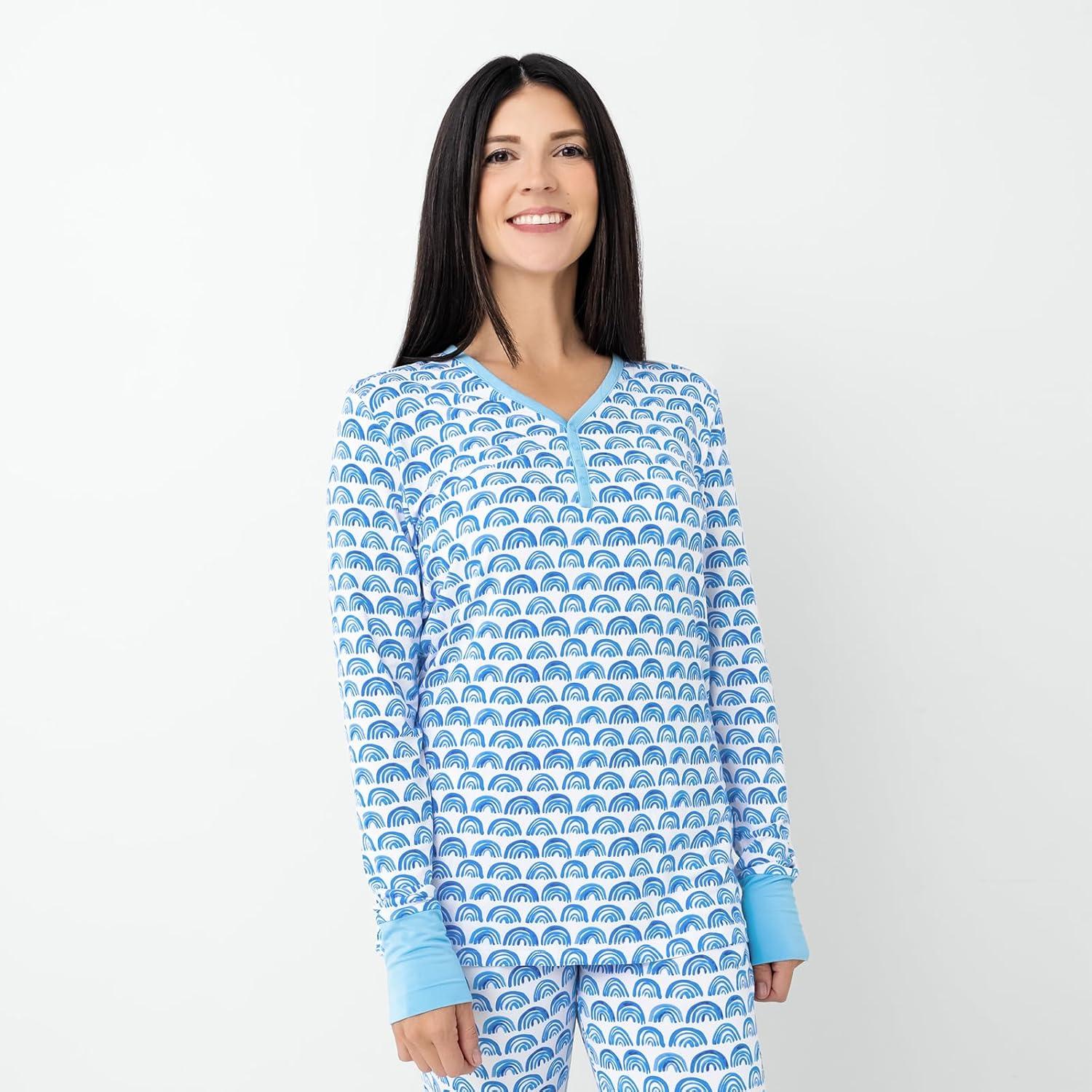 imageLittle Sleepies Womens Pajama Top Viscose from Bamboo Henley Button Up Nursing PJs Family Matching Pajamas for Women SetBlue Rainbows