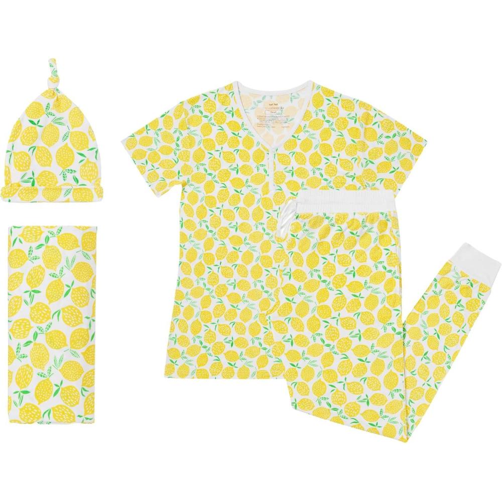imageLittle Sleepies New Mothers Bundle Includes Womens Pajama Top and Bottoms Newborn Swaddle  Hat Set Viscose Derived from Bamboo Lemons