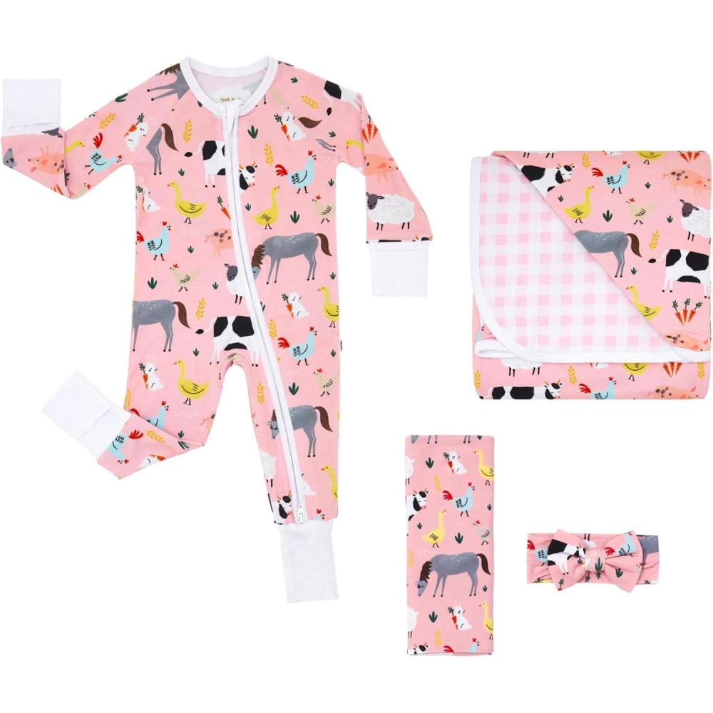 imageLittle Sleepies Pink Farm Animals Sleepy Time Bundle Includes Newborn Swaddle  Headband Set 2Way Zipper Pajamas and Large Breathable Cloud Blanket for Hot Sleepers Newborn