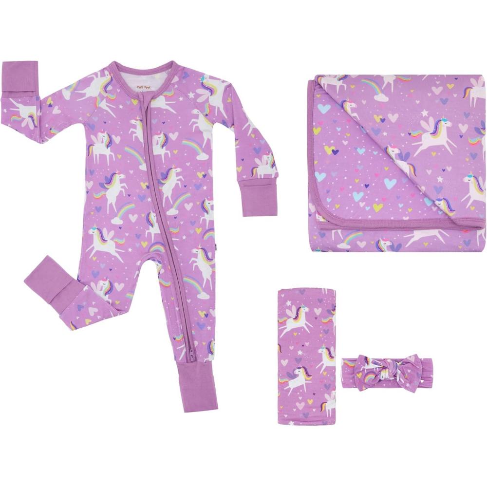 imageLittle Sleepies Siennas Unicorns Sleepy Time Bundle Includes Newborn Swaddle  Headband Set 2Way Zipper Pajamas and Large Breathable Cloud Blanket for Hot Sleepers Newborn