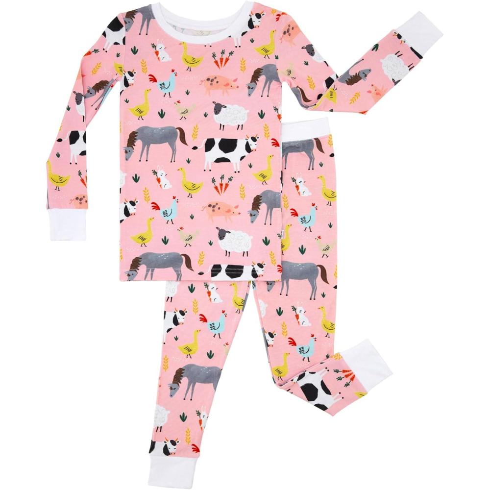 imageLittle Sleepies TwoPiece Pajama Set for Boys ampamp Girls Soft Viscose from Bamboo Toddler Pajamas for Kids Family Matching PJsPink Farm Animals