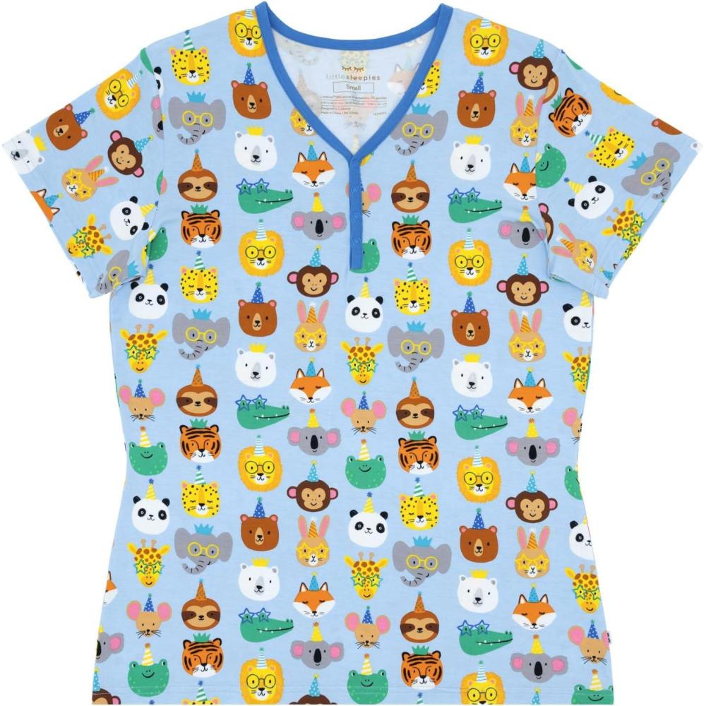 imageLittle Sleepies Womens Pajama Top Viscose Derived from Bamboo Soft Button Up Pajama Top Nursing Friendly Short SleeveBlue Party Pals