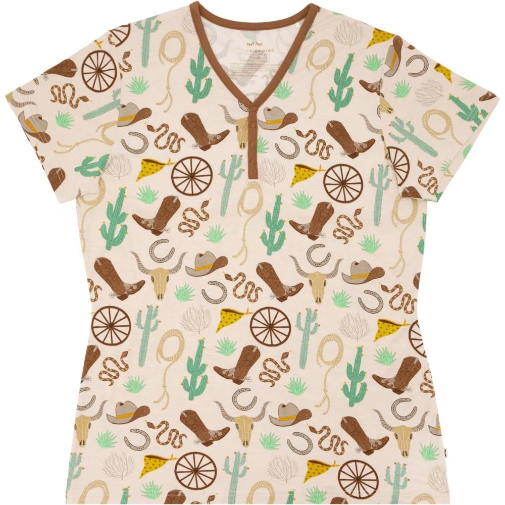 imageLittle Sleepies Womens Pajama Top Viscose Derived from Bamboo Soft Button Up Pajama Top Nursing Friendly Short SleeveCaramel Ready to Rodeo