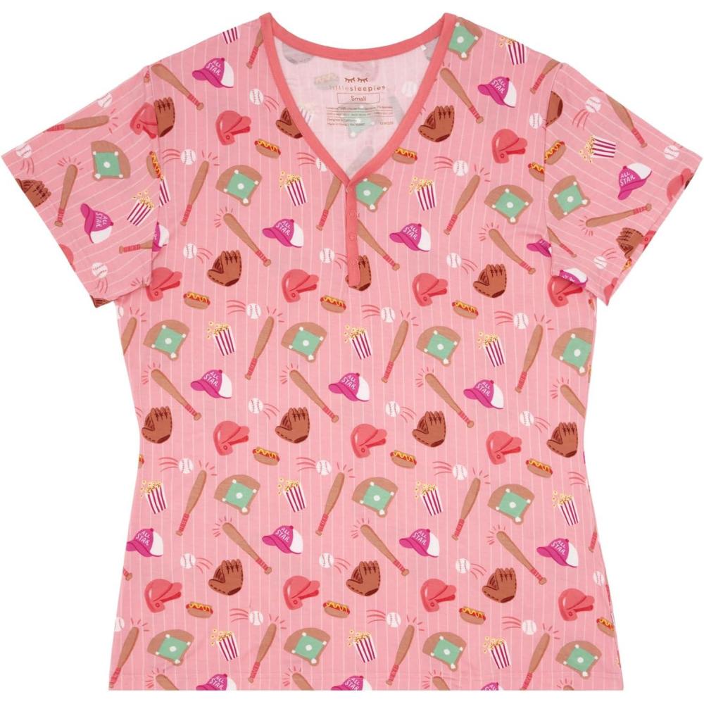 imageLittle Sleepies Womens Pajama Top Viscose Derived from Bamboo Soft Button Up Pajama Top Nursing Friendly Short SleevePink All Stars