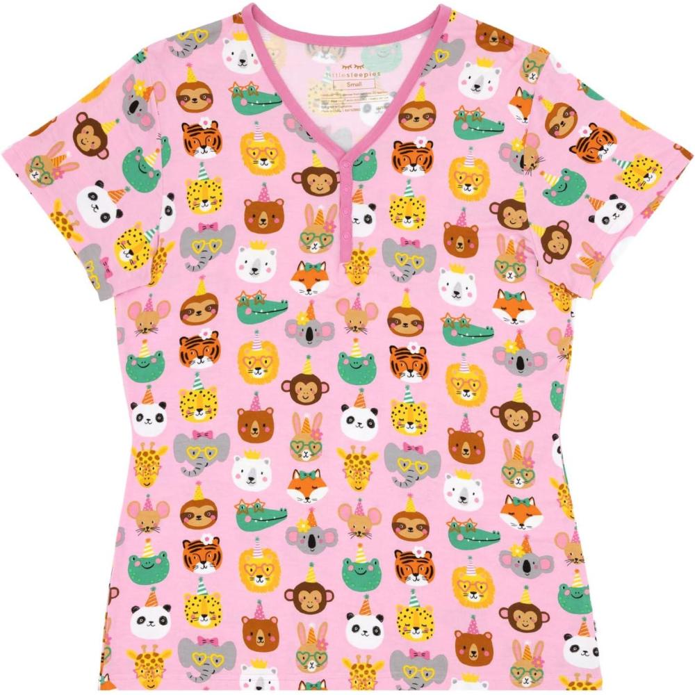 imageLittle Sleepies Womens Pajama Top Viscose Derived from Bamboo Soft Button Up Pajama Top Nursing Friendly Short SleevePink Party Pals