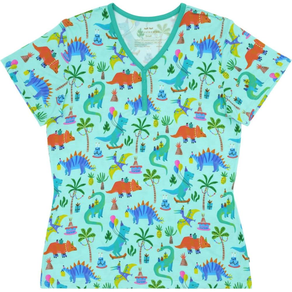 imageLittle Sleepies Womens Pajama Top Viscose Derived from Bamboo Soft Button Up Pajama Top Nursing Friendly Short SleevePrehistoric Party