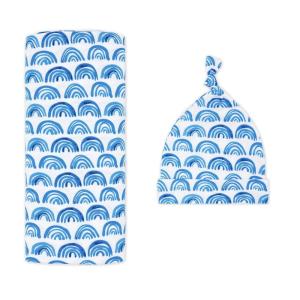 Little Sleepies Holiday Swaddle & Hat Set, Baby Swaddles Newborns, Soft Viscose from Bamboo Swaddle Blanket Wrap (Modern & Merry)(Blue Rainbows)