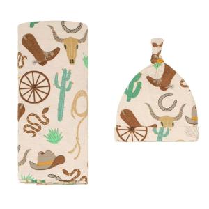 Little Sleepies Holiday Swaddle & Hat Set, Baby Swaddles Newborns, Soft Viscose from Bamboo Swaddle Blanket Wrap (Modern & Merry)(Caramel Ready to Rodeo)