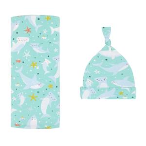 Little Sleepies Holiday Swaddle & Hat Set, Baby Swaddles Newborns, Soft Viscose from Bamboo Swaddle Blanket Wrap (Modern & Merry)(Shark Soiree)