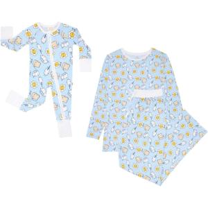 Little Sleepies New Father’s Bundle, Includes Mens Pajama Top and Bottoms, Newborn 2-Way Zipper Pajamas, Viscose Derived from Bamboo, Size Newborn and Large, Blue Breakfast Buddies