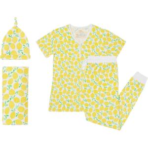 Little Sleepies New Mother’s Bundle, Includes Womens Pajama Top and Bottoms, Newborn Swaddle + Hat Set, Viscose Derived from Bamboo, Lemons