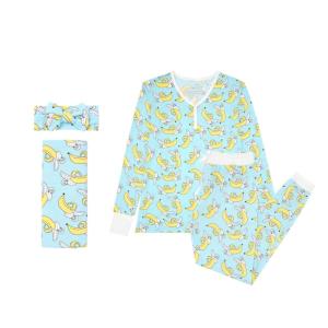Little Sleepies New Mother’s Bundle, Includes Womens Pajama Top and Bottoms, Newborn Swaddle + Headband Set, Viscose Derived from Bamboo, Bananas