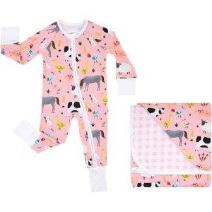 Little Sleepies Newborn Sleepy Time Bundle, Includes 2-Way Zipper Pajamas & Large Breathable Cloud Blanket for Hot Sleepers, Viscose derived from Bamboo, Pink Breakfast Buddies, Newborn