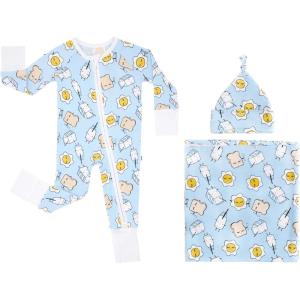 Little Sleepies Newborn Sleepy Time Bundle, Includes Newborn Swaddle + Hat Set and 2-Way Zipper Pajamas, Viscose Derived from Bamboo, Blue Breakfast Buddies, Newborn