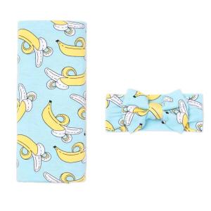 Little Sleepies Swaddle & Headband Bow Set, Viscose from Bamboo Baby Swaddles, Newborn Baby Girl Clothes (Luxe Modern & Merry)(Bananas)