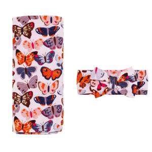 Little Sleepies Swaddle & Headband Bow Set, Viscose from Bamboo Baby Swaddles, Newborn Baby Girl Clothes (Luxe Modern & Merry)(Butterfly Kisses)