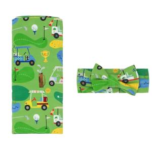 Little Sleepies Swaddle & Headband Bow Set, Viscose from Bamboo Baby Swaddles, Newborn Baby Girl Clothes (Luxe Modern & Merry)(Fairway Fun)