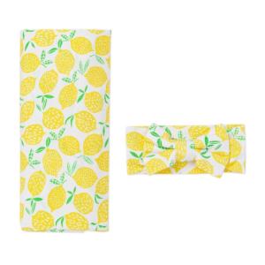 Little Sleepies Swaddle & Headband Bow Set, Viscose from Bamboo Baby Swaddles, Newborn Baby Girl Clothes (Luxe Modern & Merry)(Lemons)