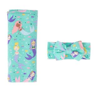 Little Sleepies Swaddle & Headband Bow Set, Viscose from Bamboo Baby Swaddles, Newborn Baby Girl Clothes (Luxe Modern & Merry)(Luxe Mermaid Magic)