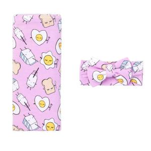 Little Sleepies Swaddle & Headband Bow Set, Viscose from Bamboo Baby Swaddles, Newborn Baby Girl Clothes (Luxe Modern & Merry)(Luxe Pink Breakfast Buddies)