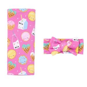 Little Sleepies Swaddle & Headband Bow Set, Viscose from Bamboo Baby Swaddles, Newborn Baby Girl Clothes (Luxe Modern & Merry)(Luxe Pink Cookies & Milk)