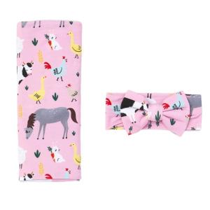 Little Sleepies Swaddle & Headband Bow Set, Viscose from Bamboo Baby Swaddles, Newborn Baby Girl Clothes (Luxe Modern & Merry)(Luxe Pink Farm Animals)