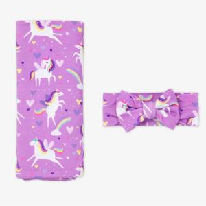 Little Sleepies Swaddle & Headband Bow Set, Viscose from Bamboo Baby Swaddles, Newborn Baby Girl Clothes (Luxe Modern & Merry)(Luxe Sienna’s Unicorns)