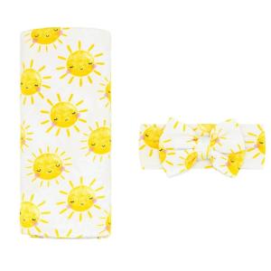 Little Sleepies Swaddle & Headband Bow Set, Viscose from Bamboo Baby Swaddles, Newborn Baby Girl Clothes (Luxe Modern & Merry)(Luxe Sunshine)