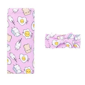 Little Sleepies Swaddle & Headband Bow Set, Viscose from Bamboo Baby Swaddles, Newborn Baby Girl Clothes (Luxe Modern & Merry)(Pink Breakfast Buddies)