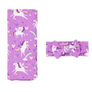 Little Sleepies Swaddle & Headband Bow Set, Viscose from Bamboo Baby Swaddles, Newborn Baby Girl Clothes (Luxe Modern & Merry)(Sienna’s Unicorn)