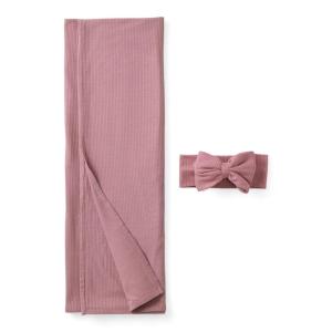 Little Sleepies Swaddle & Bow Set, Viscose from Bamboo Baby Swaddle Blanket, Newborn Baby Girl Clothes, Newborn Essentials (Rosewood Ribbed)(Rosewood Ribbed)
