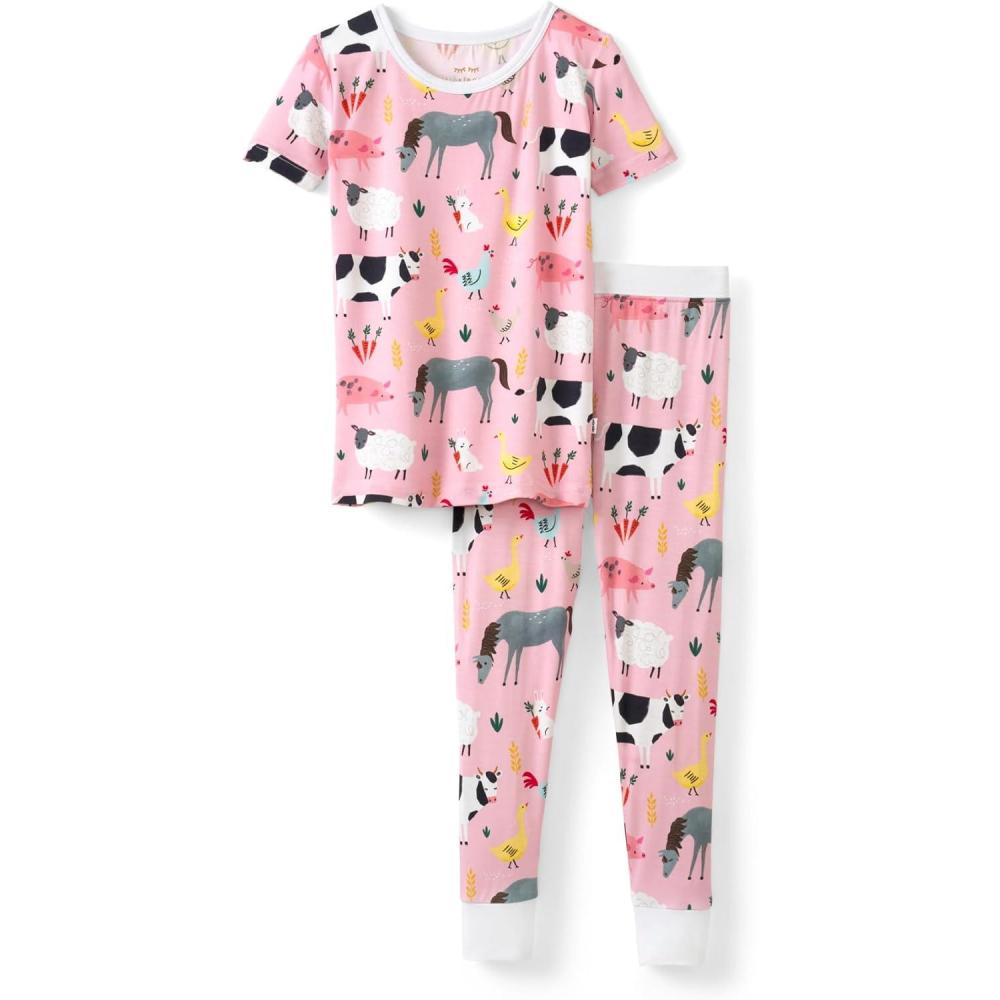 imageLittle Sleepies Short Sleeve Shirt amp Pants Pajama Set for Kids Viscose Derived from Bamboo Toddler and Kids PJsPink Farm Animals