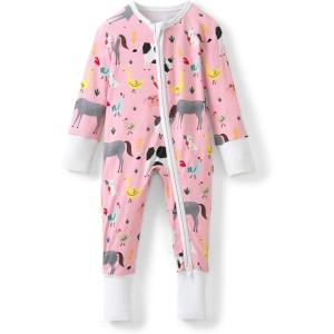 Little Sleepies Pajamas for Baby Boys & Girls, Viscose from Bamboo Baby Pajamas, Preemie & Newborn Sleepers, 2-Way Zipper PJs(Pink Farm Animals)
